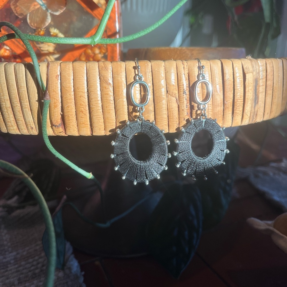 Handmade Artisan Yarn Black + SilverTone Dangle Earrings